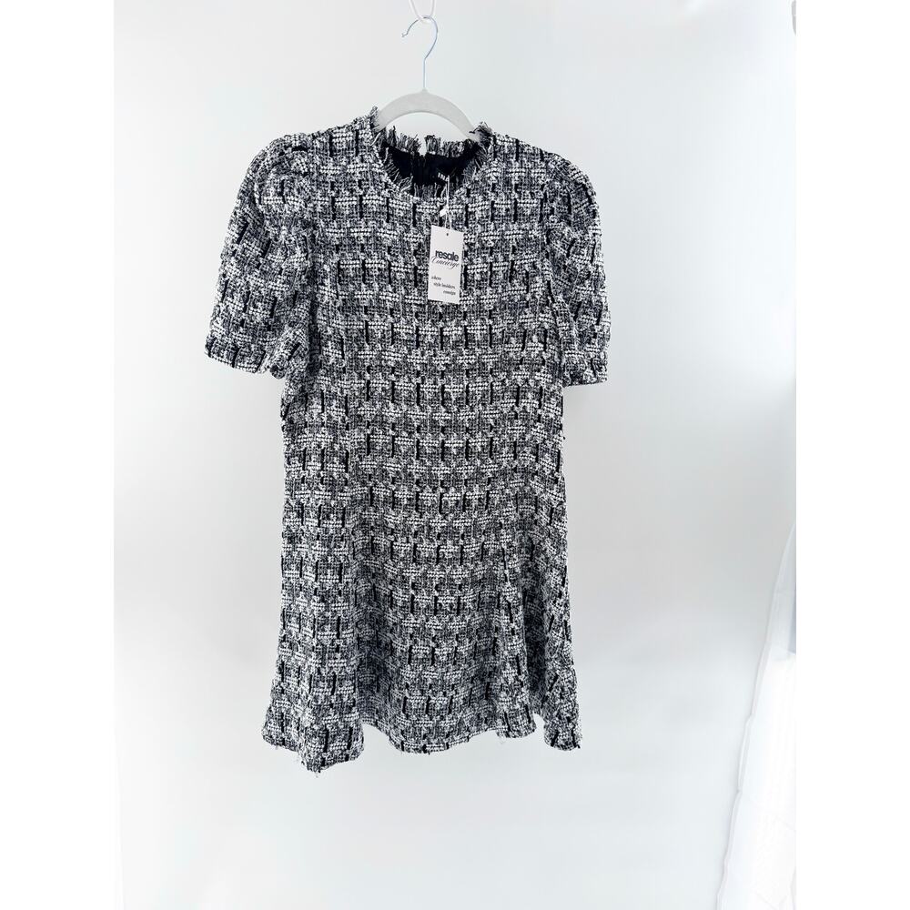 INA Short Sleeve Round Neck Tweed A-Line Mini Dress Black White Women's Large